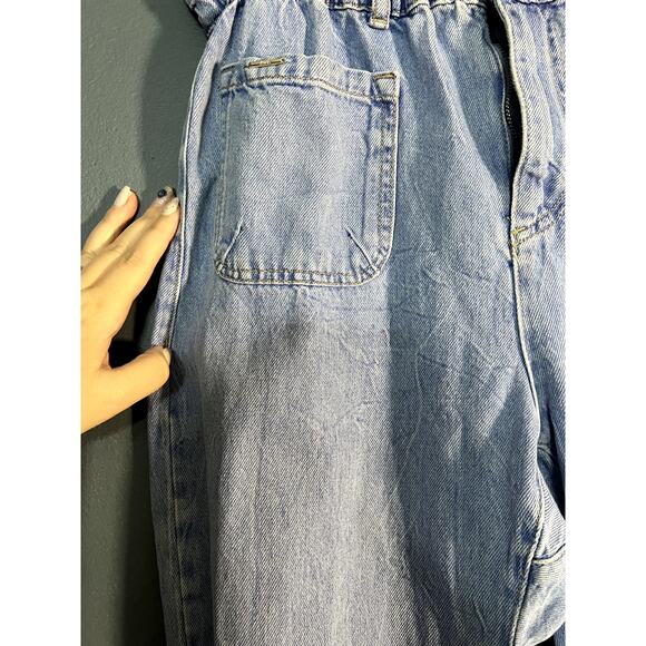 Zara Paper Bag Denim Baggy Pants High Waist Acid Wash Elastic Waist Band - Picture 4 of 11